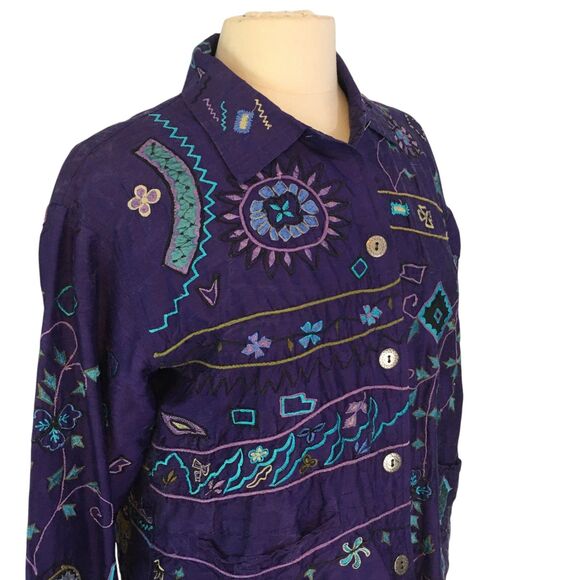 Chico's Design Womens Purple Teal Embroidered Boho Silk Jacket Blazer 1, 40 bust - Picture 4 of 10